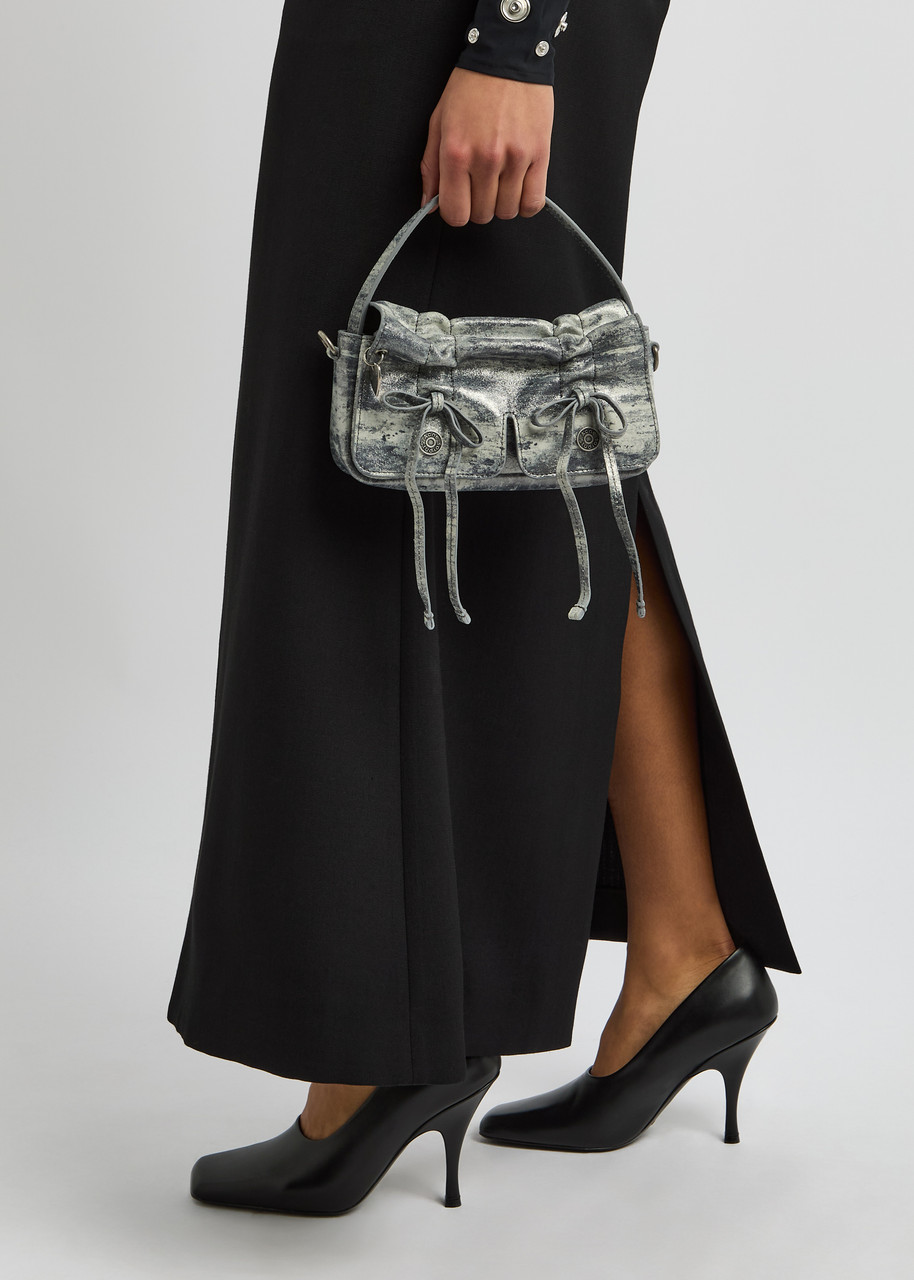 ACNE STUDIOS Mini Multipocket metallic-suede top handle bag