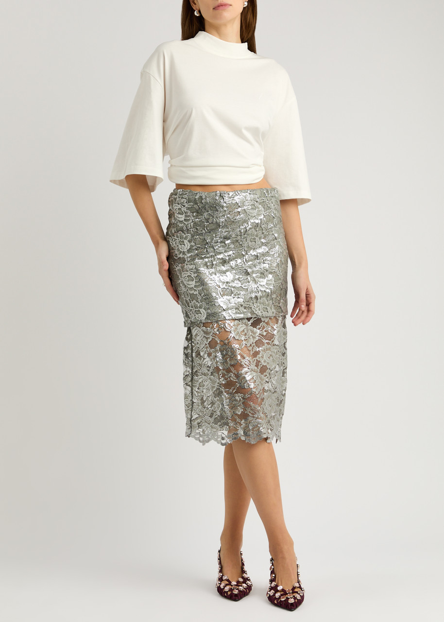 THE ATTICO Layered metallic lace midi skirt | Harvey Nichols THE ATTICO Layered metallic lace midi skirt | Harvey Nichols
