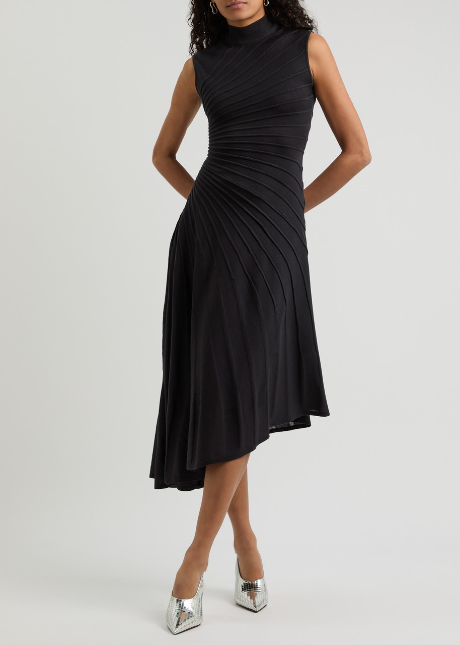 ALAÏA Asymmetric ribbed wool midi dress