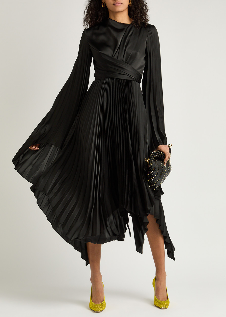 Ladies Dresses Black Keyhole Pleated Midi Dress With Pleated Skirt