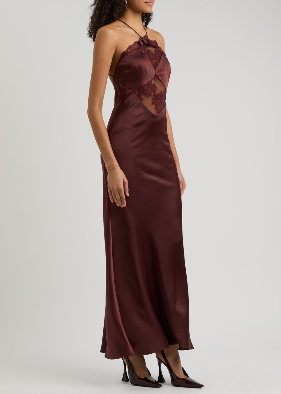 SELF-PORTRAIT Lace-trimmed satin maxi dress | Harvey Nichols