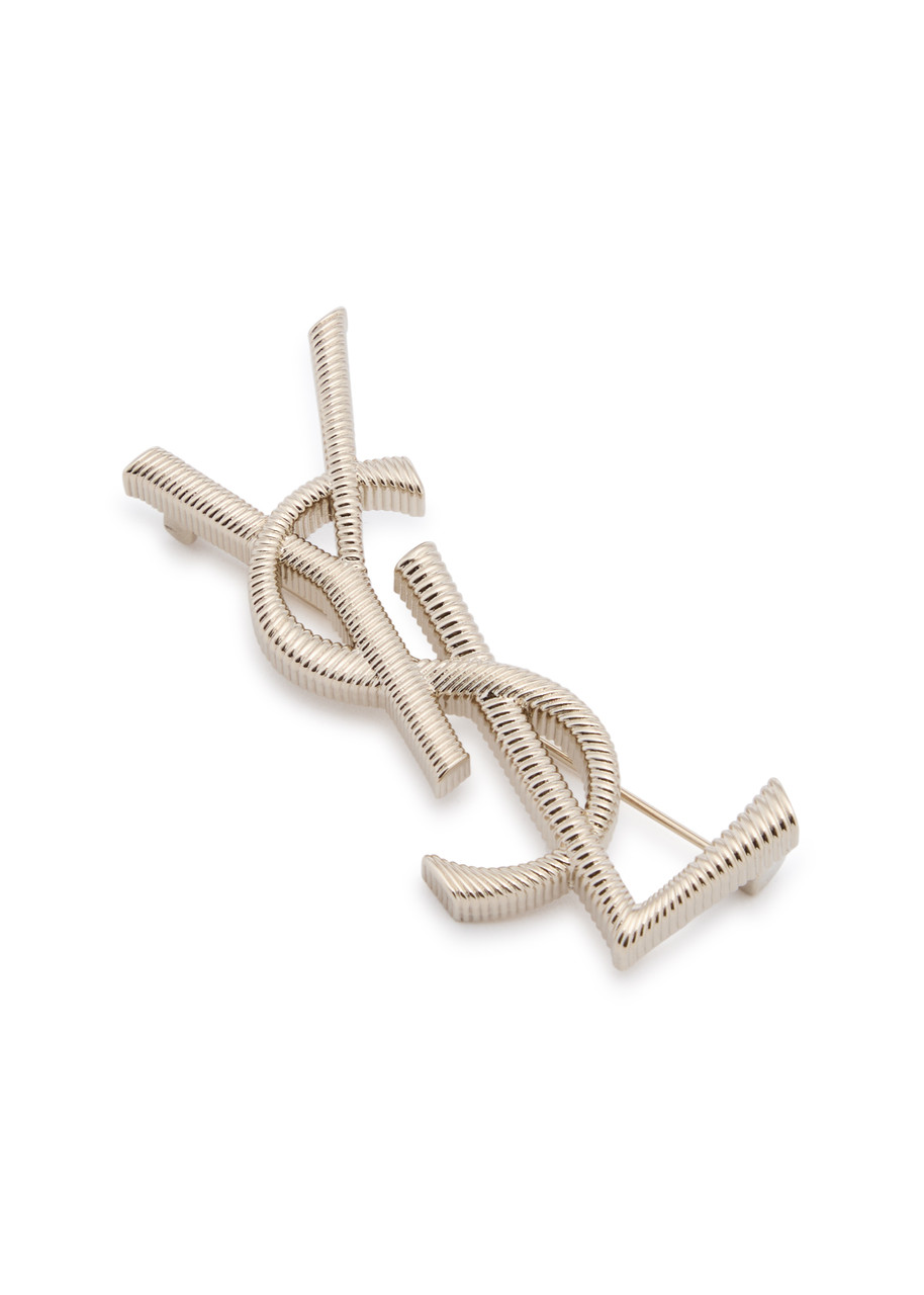 SAINT LAURENT Cassandre textured logo brooch | Harvey Nichols