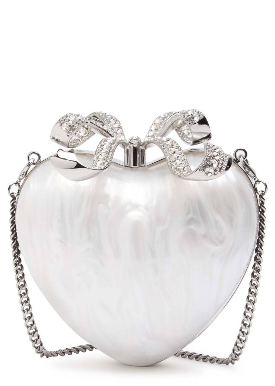 SELF-PORTRAIT Heart crystal-embellished pearlescent acrylic clutch
