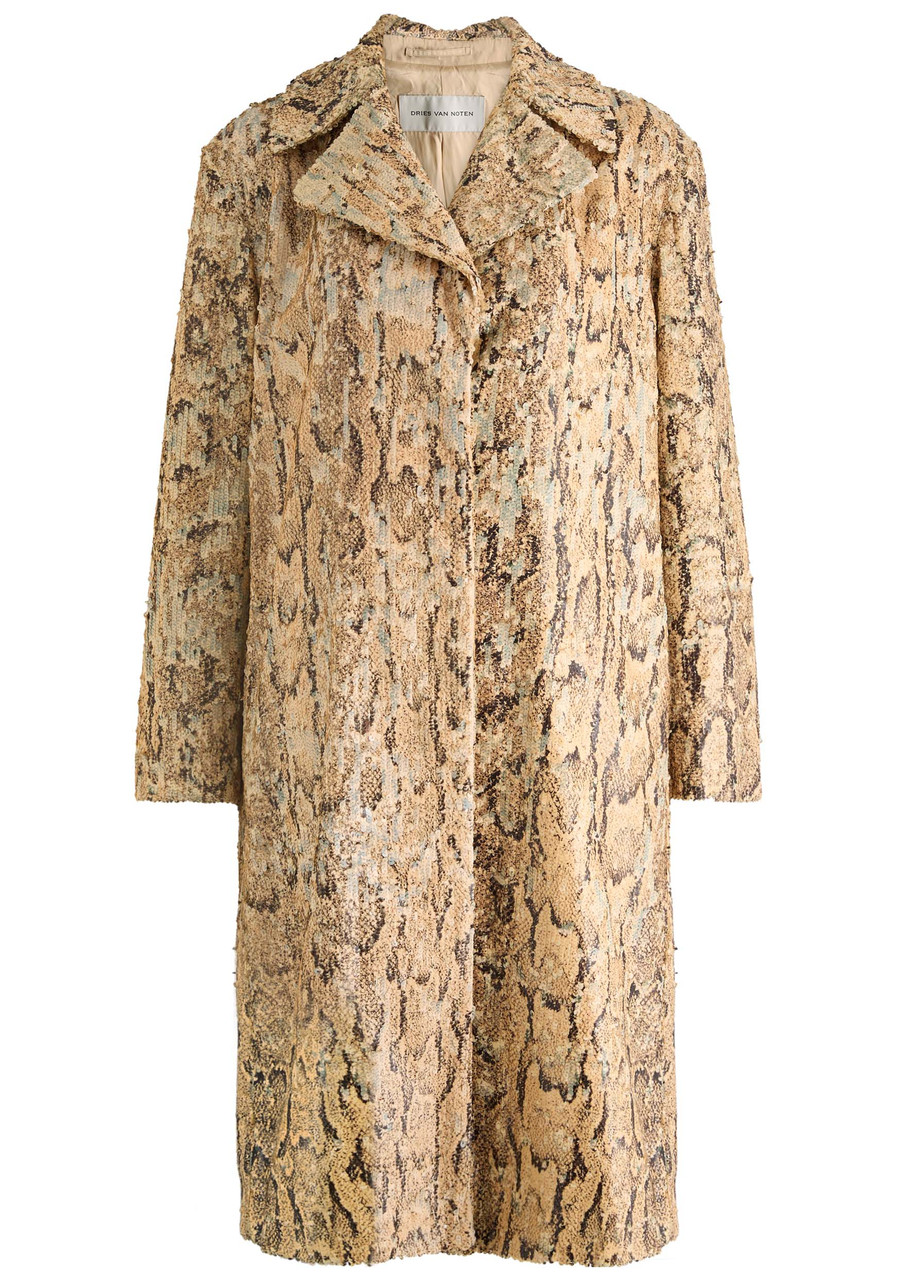 【Dries Van Noten】 Ricca Emb ロングコート イエロー DRIES VAN NOTEN Ricca python-print sequin-embellished coat