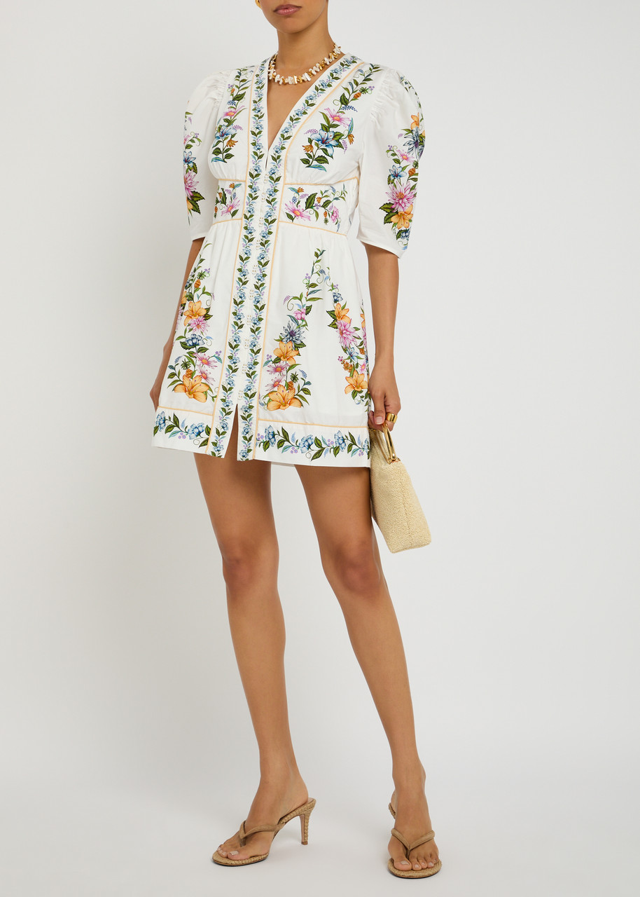 knee length dresses for ladies FARM Rio Sweet Rio Puff Sleeve Mini Dress Blue/White Printed Size Medi –  Celebrity Owned