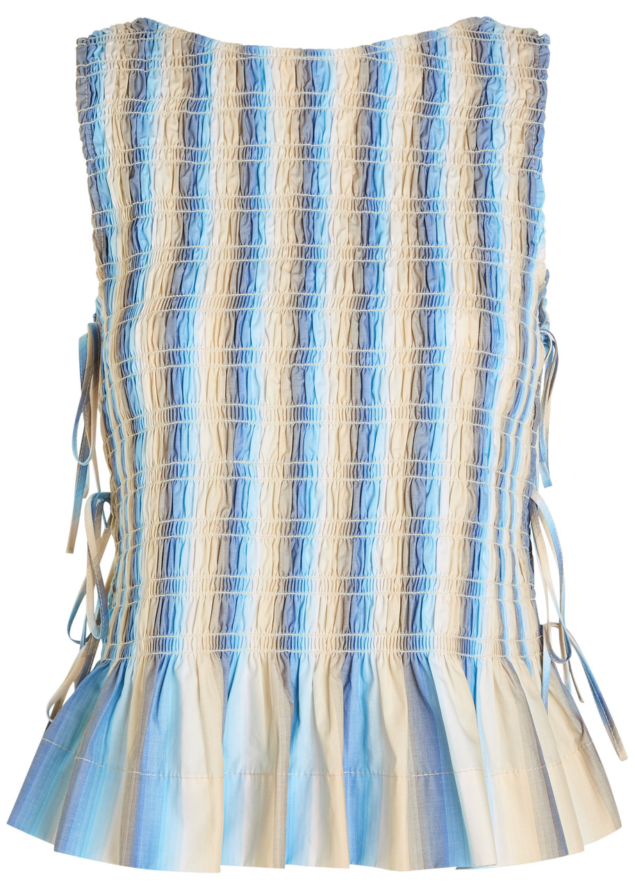 GANNI Ombre Stripe smocked cotton-poplin top | Harvey Nichols