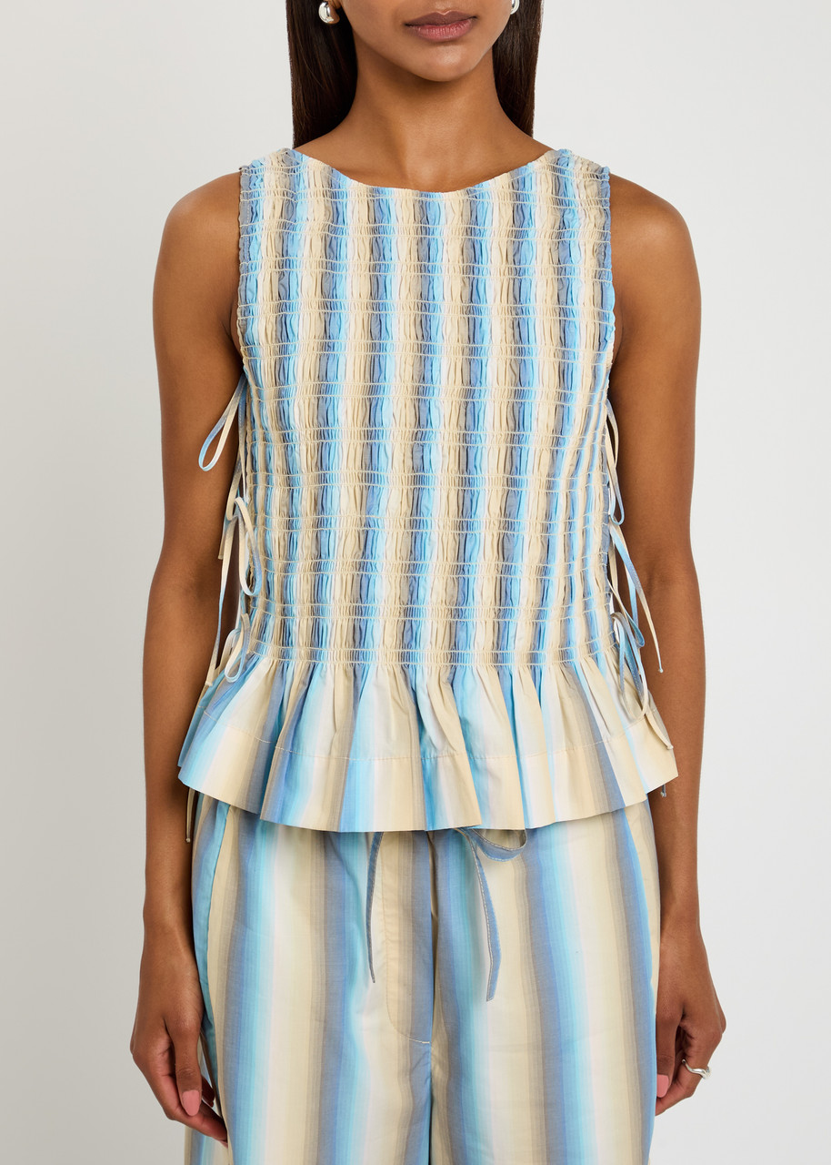 GANNI Ombre Stripe smocked cotton-poplin top | Harvey Nichols