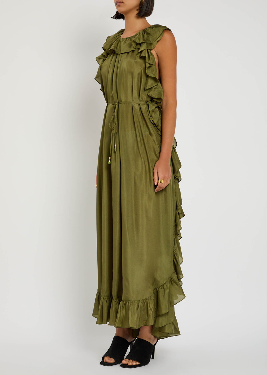 ワンピース ZIMMERMANN Olive Green Silk Cascadian Dress ZIMMERMANN Cascadian ruffled silk maxi dress | Harvey Nichols