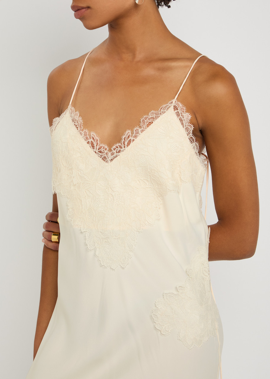 knee length dresses for ladies Vilarica Mini Slip Dress in Satin Pearled Ivory with Lace