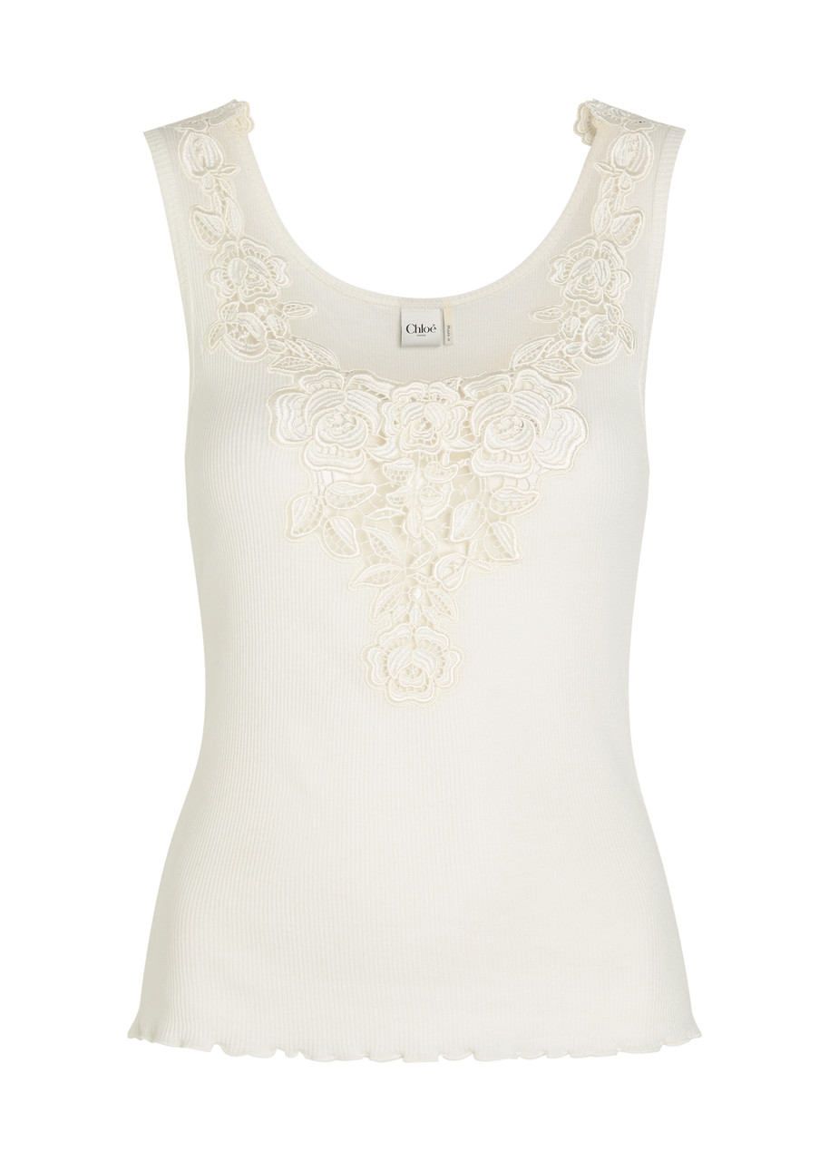 CHLOE Guipure lace-trimmed ribbed cotton tank | Harvey Nichols