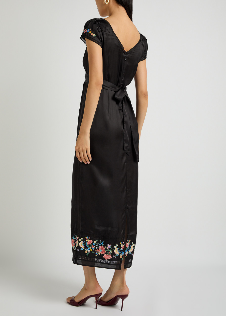 RIXO Carey embroidered satin midi dress