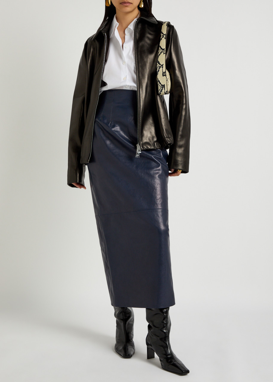KHAITE Loxley panelled leather midi skirt | Harvey Nichols