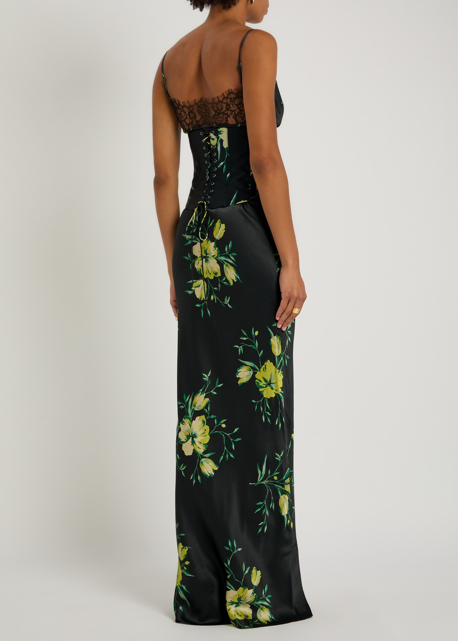 DE LA VALI Cleodora corset floral satin-silk midi slip dress | Harvey  Nichols