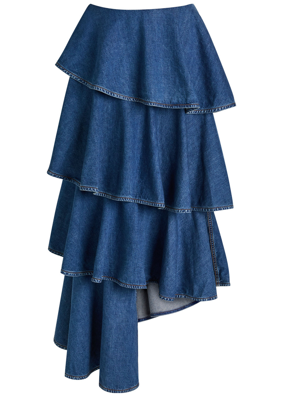 ALAÏA Spiral asymmetric tiered denim midi skirt | Harvey Nichols