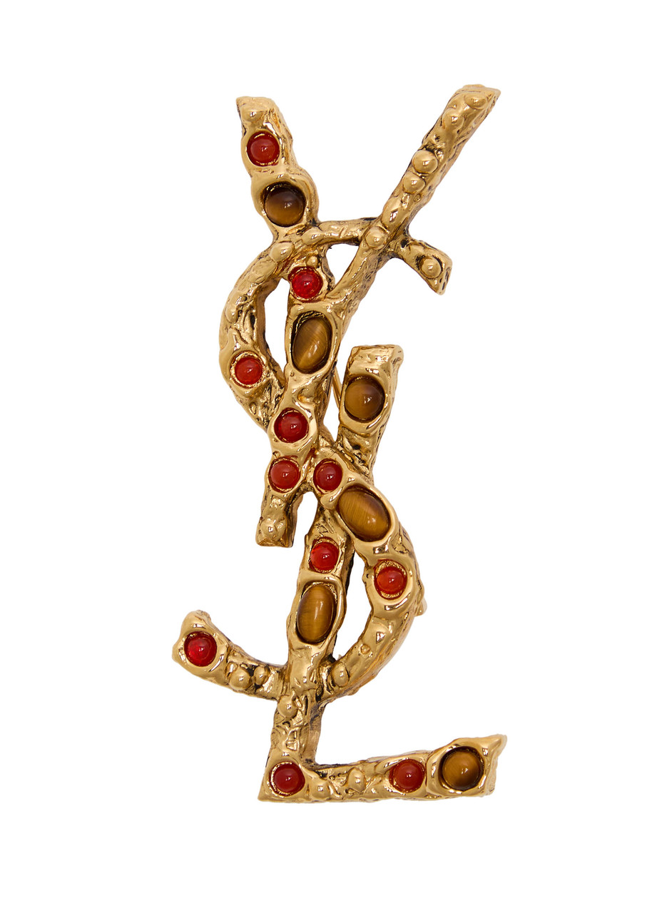 SAINT LAURENT Cassandre stone-embellished brooch | Harvey Nichols