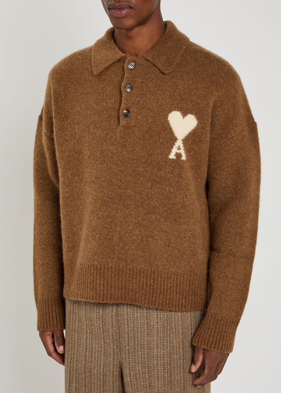AMI PARIS Logo-intarsia alpaca-blend polo jumper | Harvey Nichols