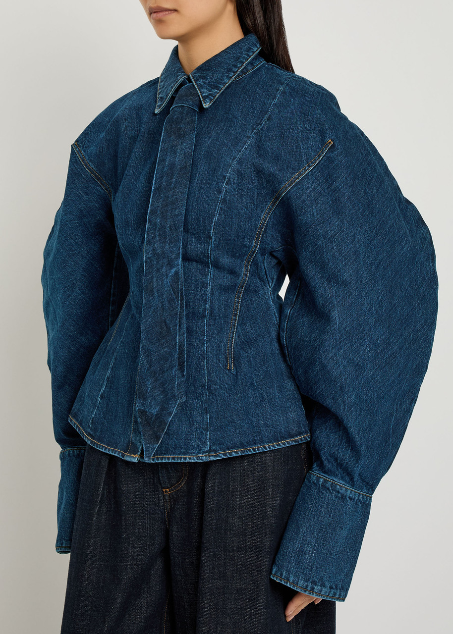 【seya.】PUFFY SHIRT BLOUSON SILK DENIM seya. PUFFY SHIRT SILK DENIM BLOUSON Silky Denim Shirt XXL|46