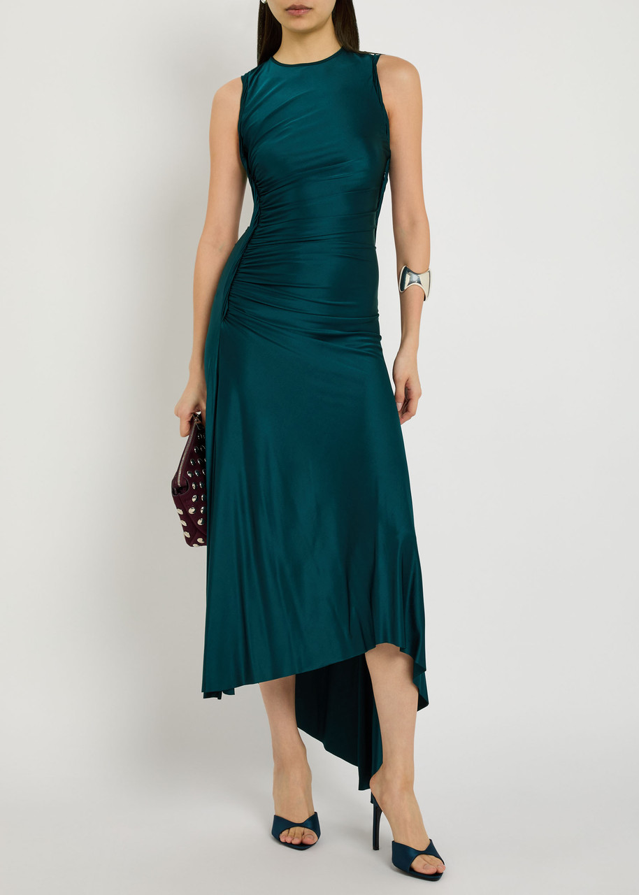 VICTORIA BECKHAM Ruched asymmetric stretch-jersey midi dress | Harvey Nichols VICTORIA BECKHAM Ruched asymmetric stretch-jersey midi dress | Harvey Nichols