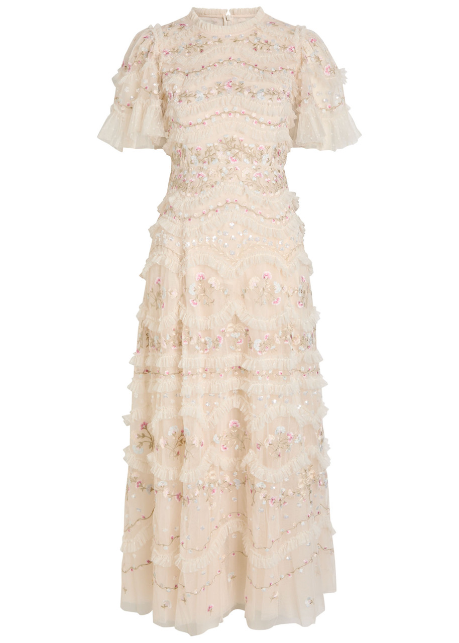 NEEDLE & THREAD Marina ruffled floral embellished tulle gown | Harvey  Nichols