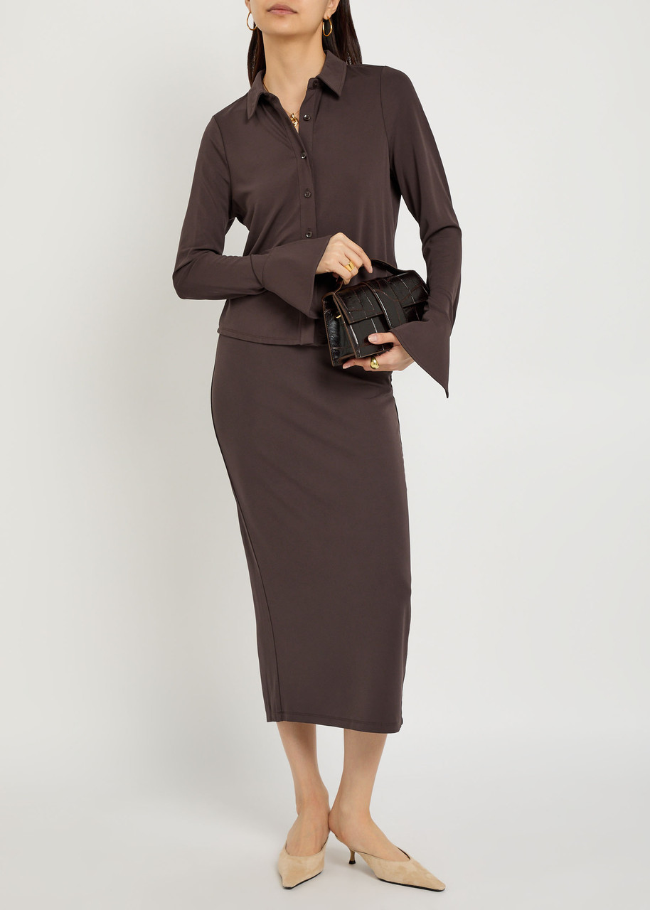Brown Midi Pencil Skirt In Knit Bodycon Style | US - Foto 5