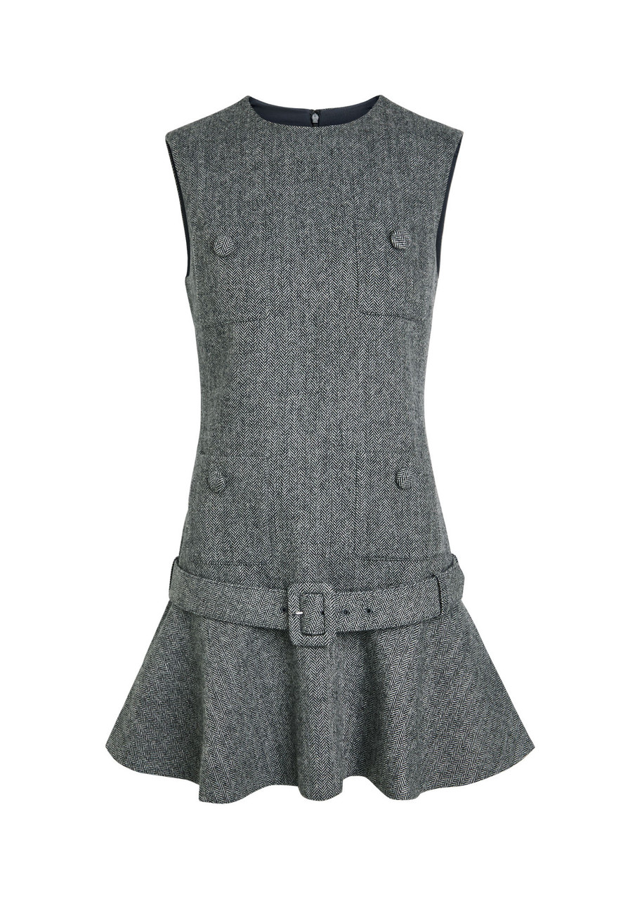 SELF-PORTRAIT Herringbone belted wool-blend mini dress | Harvey