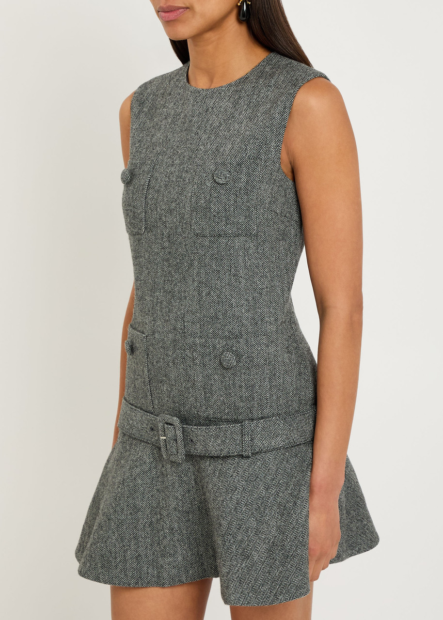 SELF-PORTRAIT Herringbone belted wool-blend mini dress | Harvey