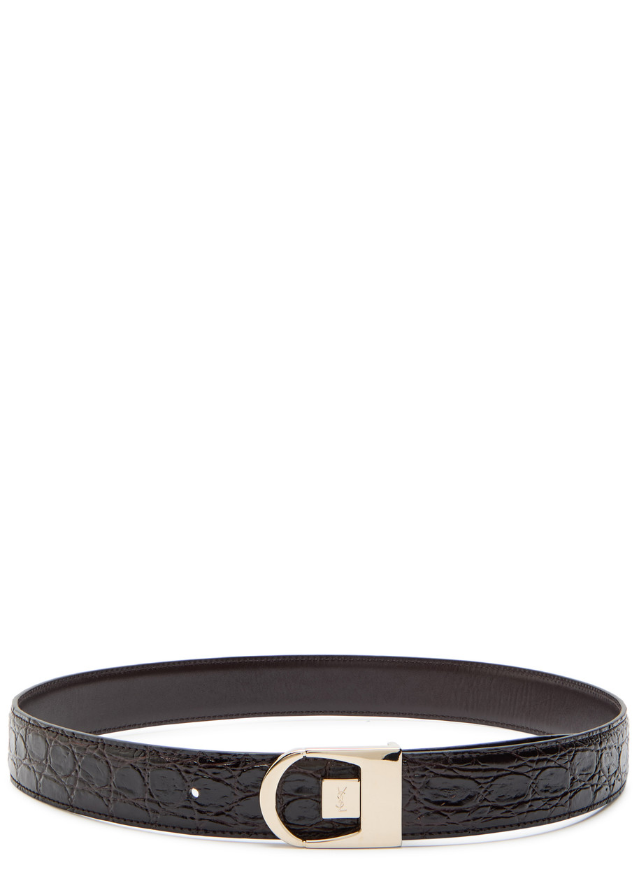 SAINT LAURENT Logo-engraved crocodile glossed leather belt