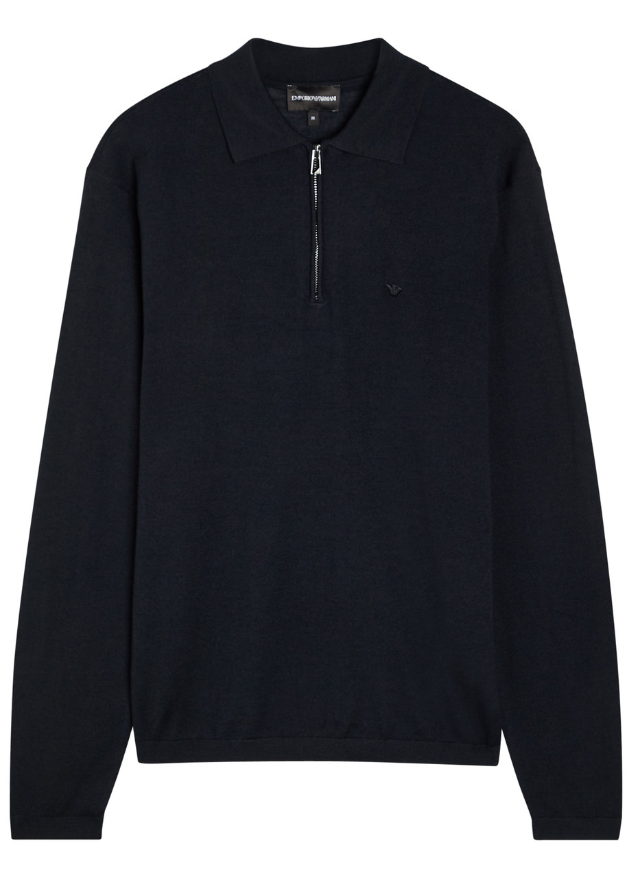EMPORIO ARMANI Logo-embroidered fine-knit wool polo jumper