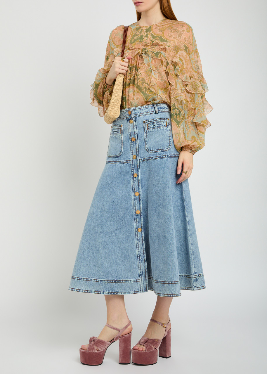 ZIMMERMANN Panelled denim midi skirt | Harvey Nichols