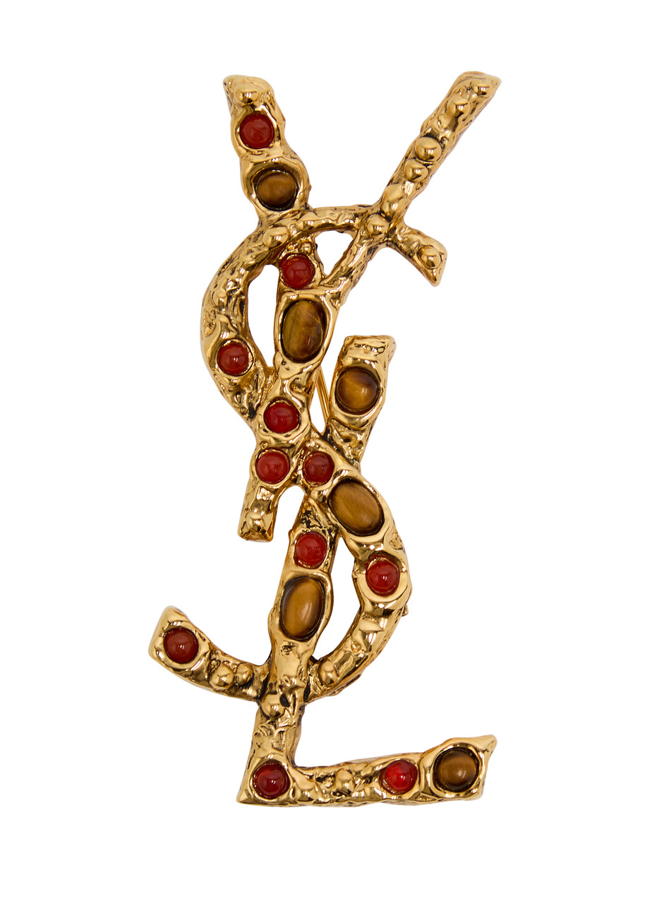 SAINT LAURENT Cassandre stone-embellished brooch | Harvey Nichols