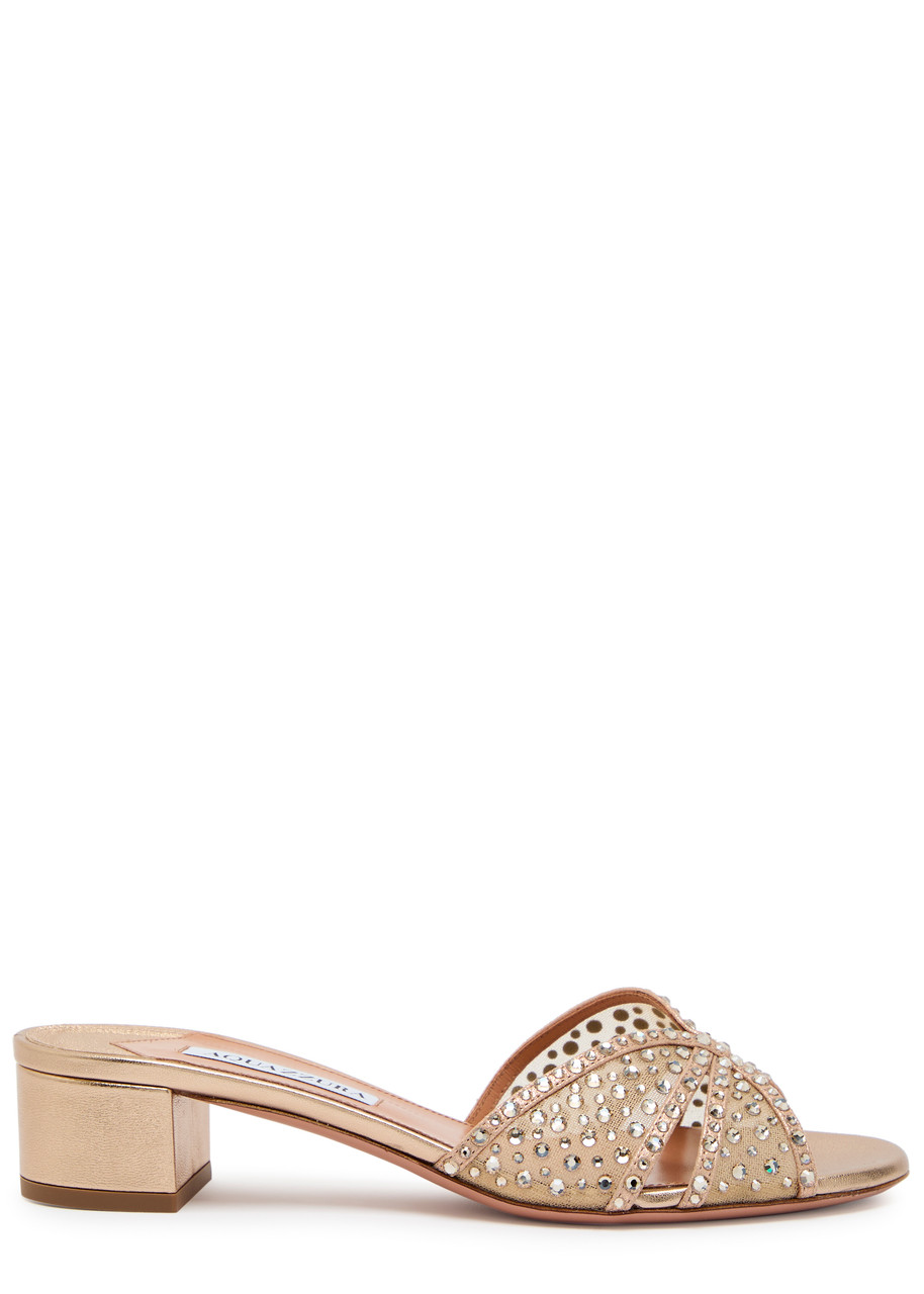 AQUAZZURA Crystal Lover 35 embellished metallic nappa mules