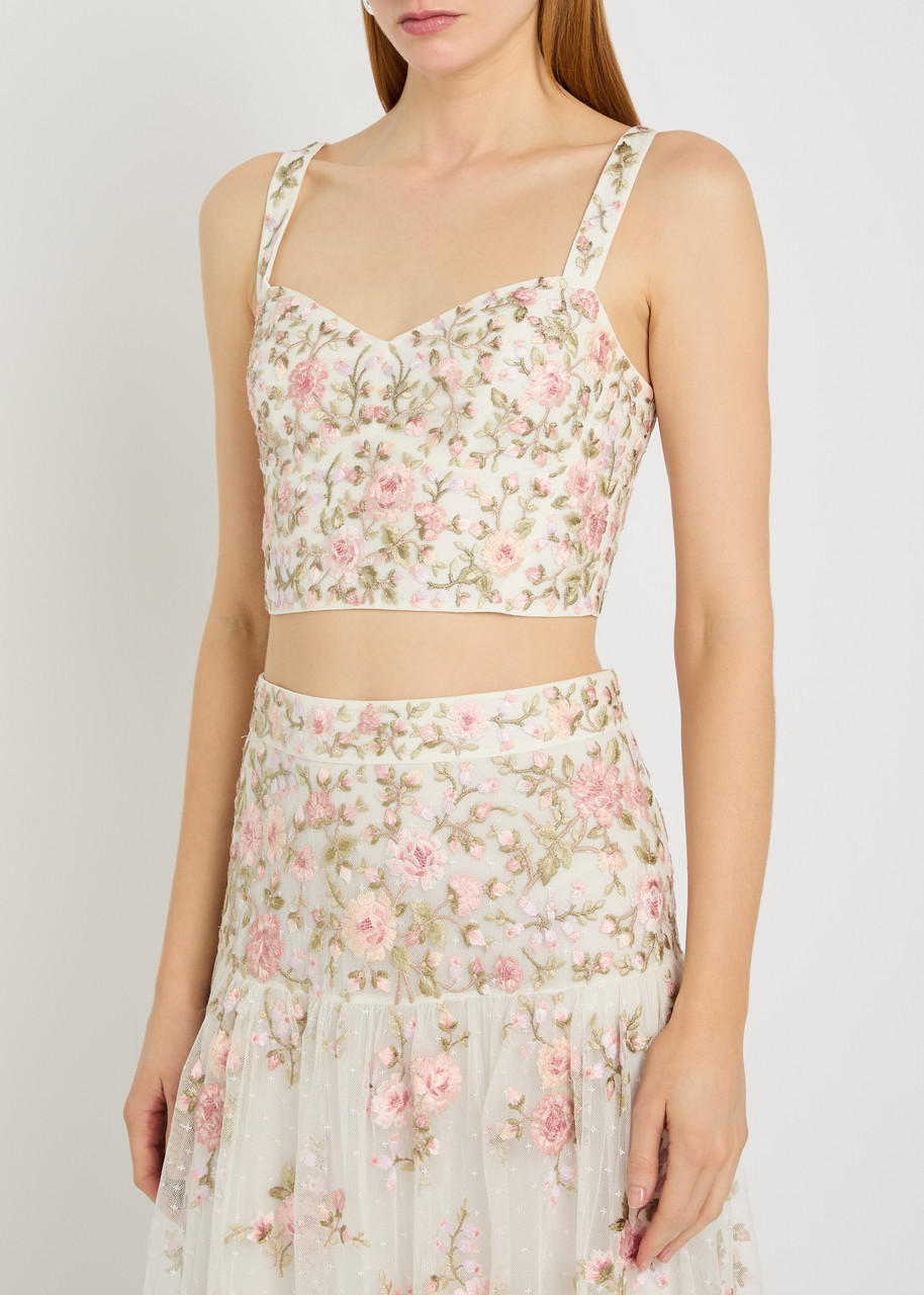 NEEDLE & THREAD Eden Rose floral-embroidered tulle crop top