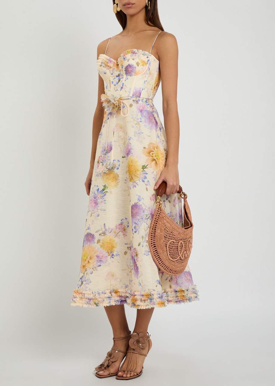 ZIMMERMANN Luna floral-appliqud linen and silk-blend midi dress | Harvey  Nichols