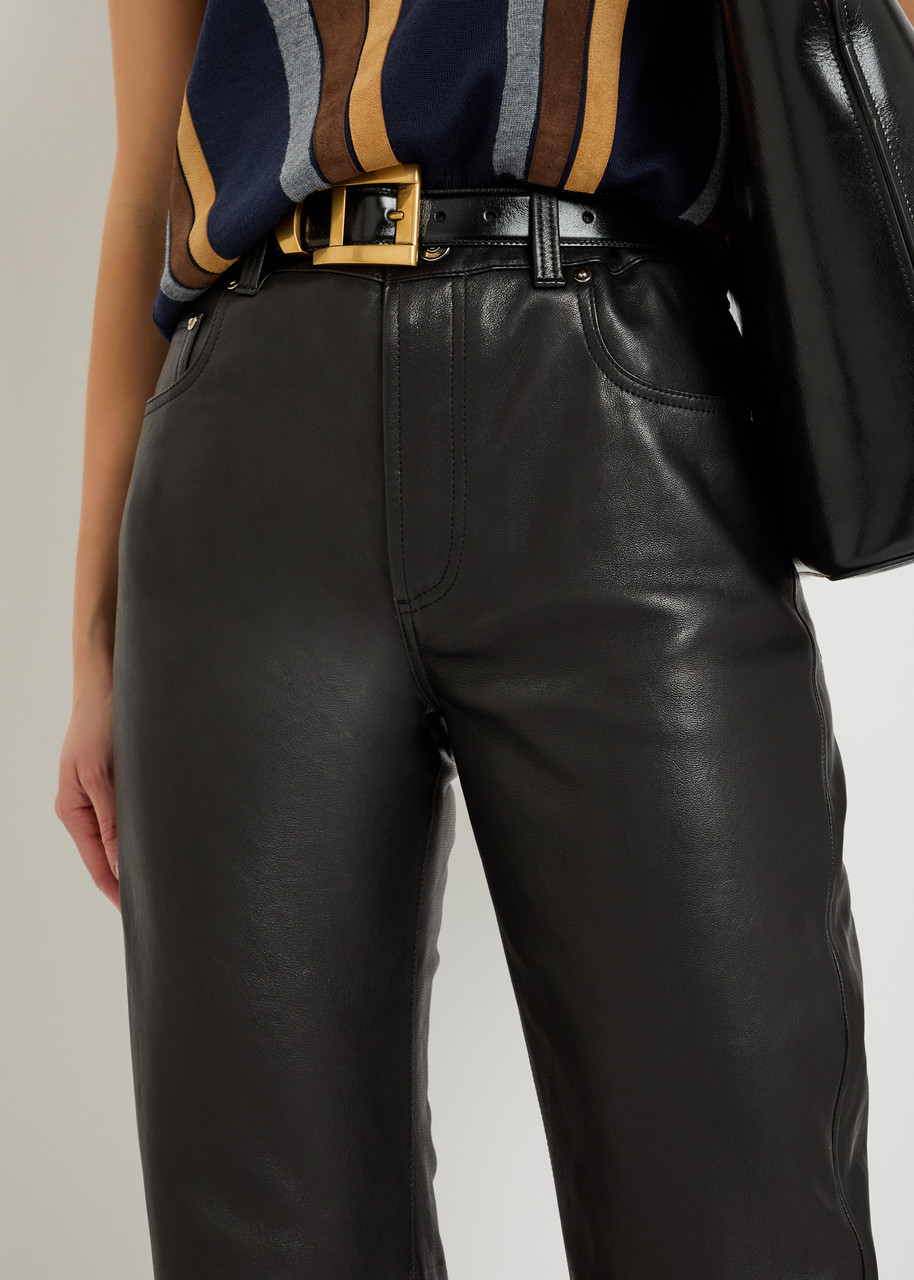 〈 VERSACE 〉faux leather straight pants VERSACE Straight-leg leather trousers | Harvey Nichols