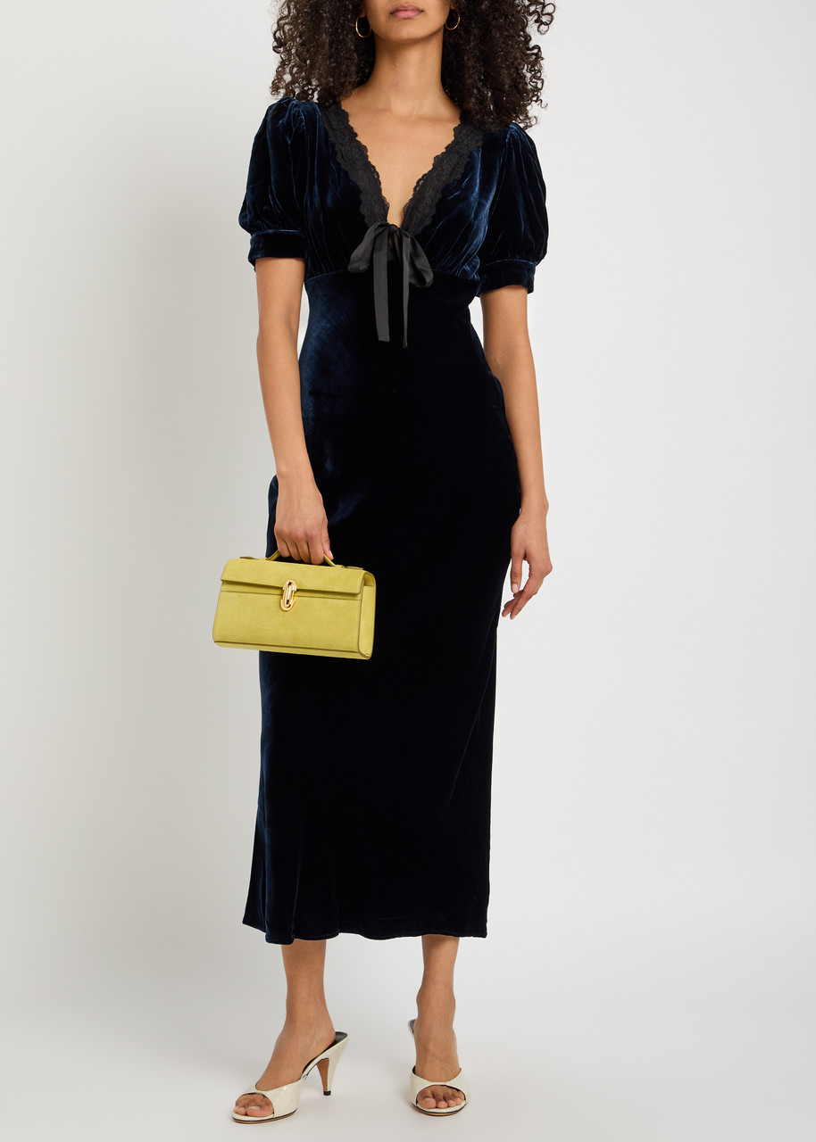 REFORMATION Camille lace-trim velvet midi dress | Harvey Nichols