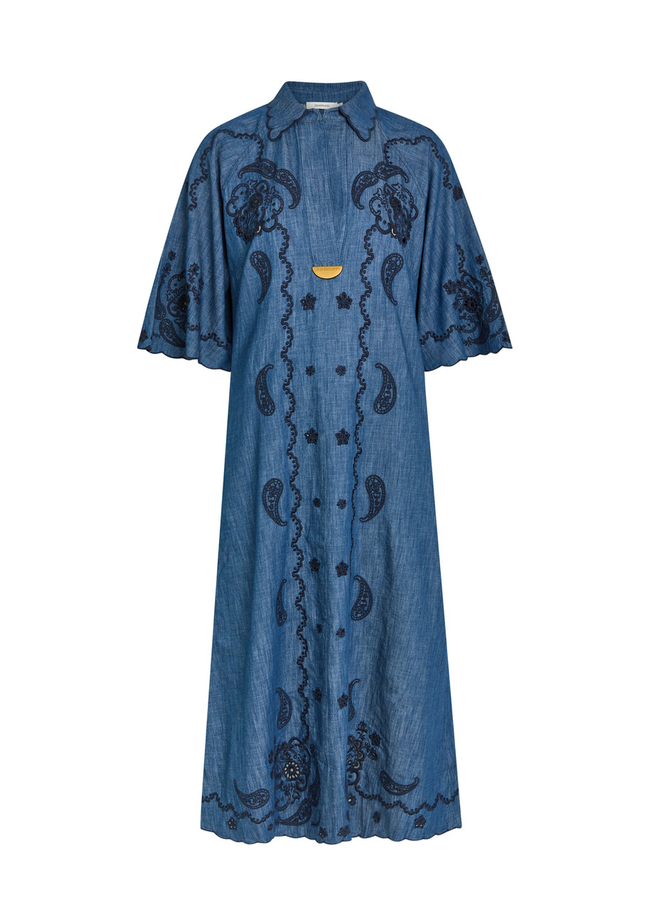 ZIMMERMANN Aster embroidered denim midi dress | Harvey Nichols