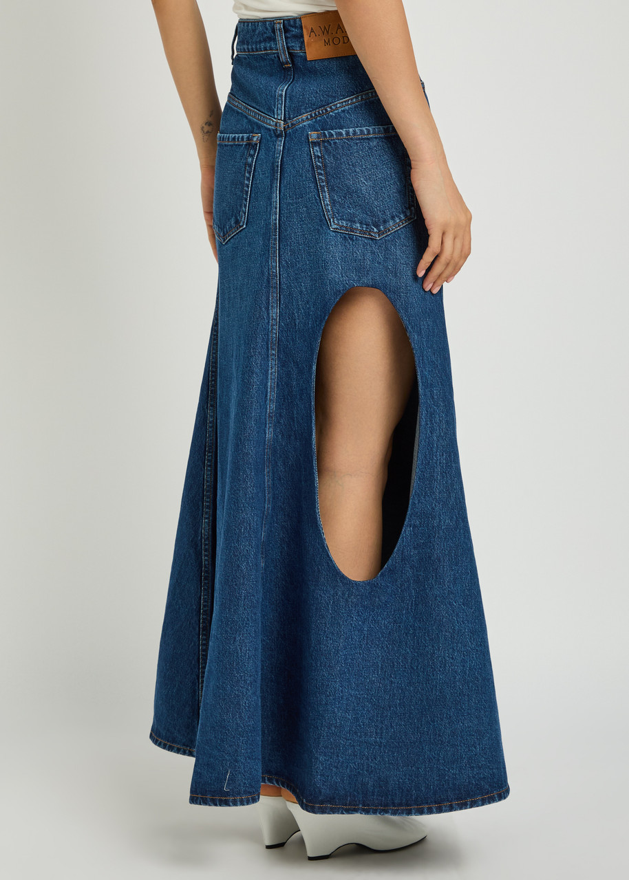 A.W.A.K.E MODE Cut-out flared denim midi skirt | Harvey Nichols