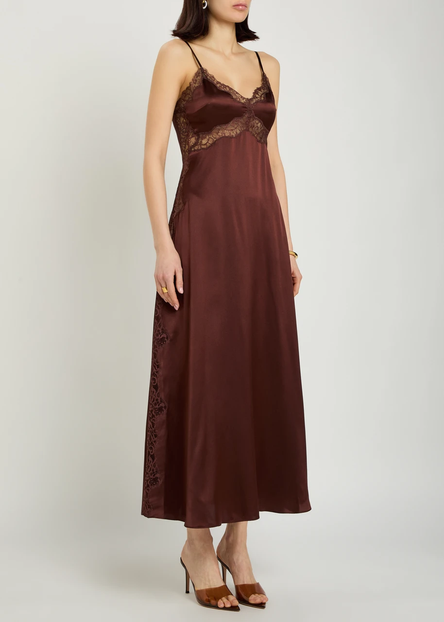 chinese dress ladies Reformation Brown Silk Lace Detailed 'Provence' Dress Size XS – Mine & Yours main image 0