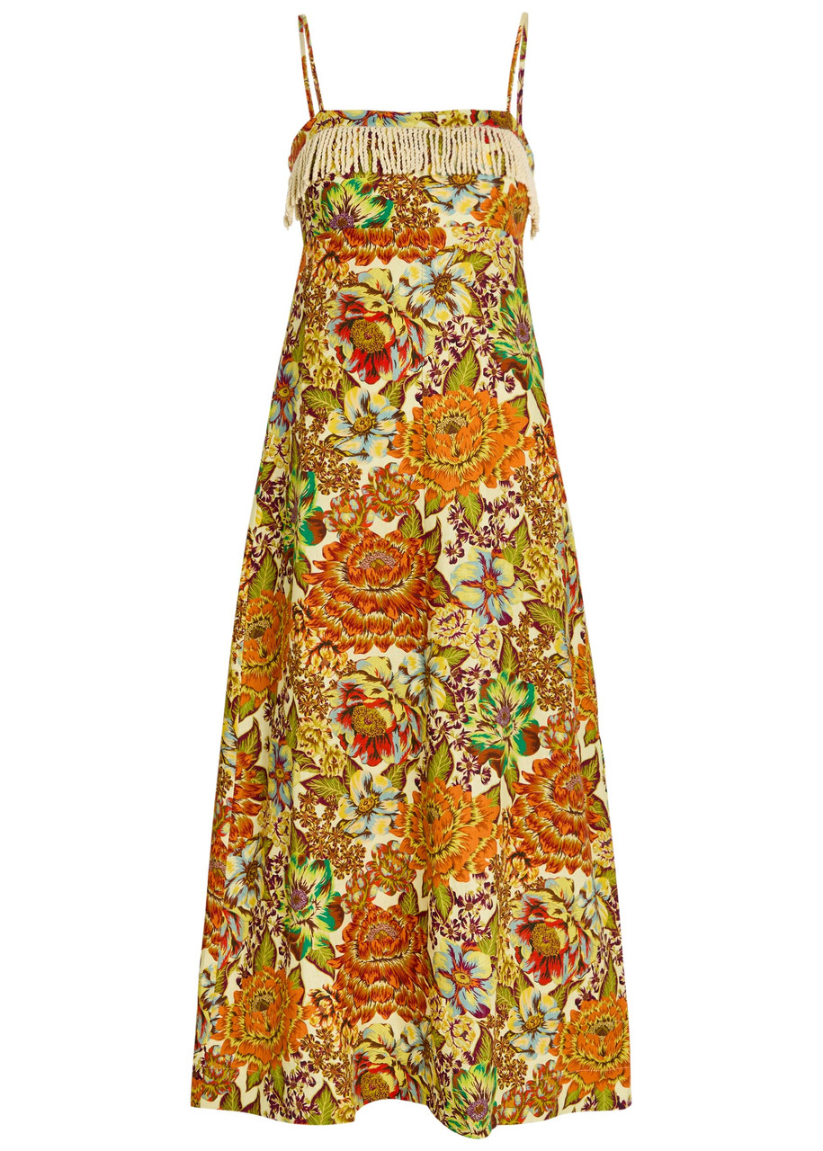 ALEMAIS Lana floral-print fringed linen midi dress | Harvey Nichols