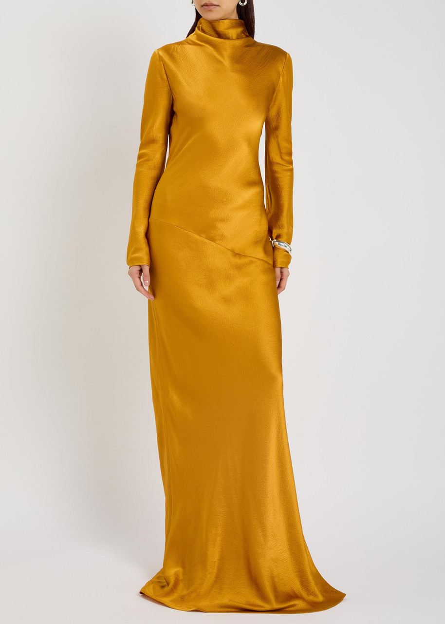 tove gold dress Tove Modern A-Line Pleated Long Satin Mother of the Bride Dresses, As Picture