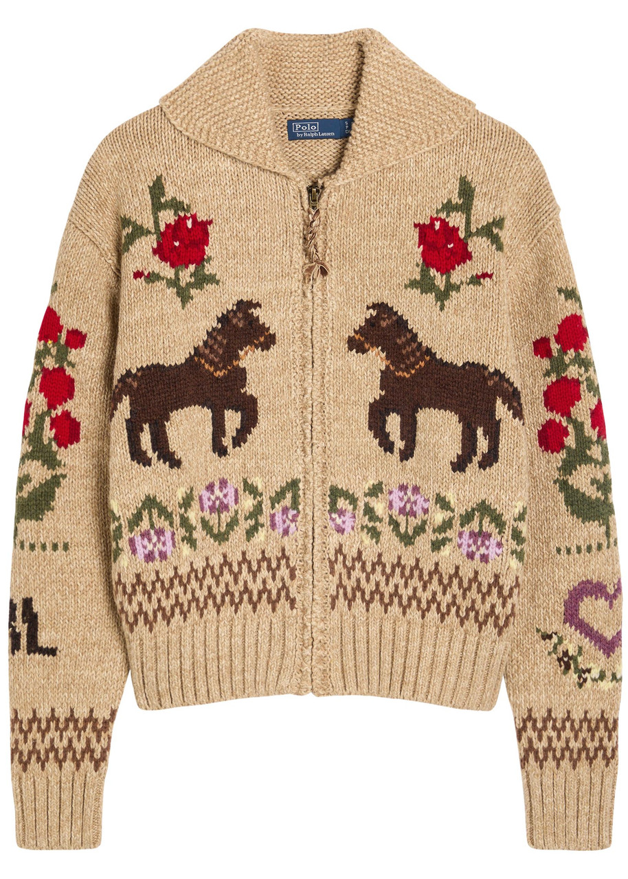 【Polo Ralph Lauren】カーディガン ベージュ ホース刺繍 XS POLO RALPH LAUREN Intarsia cotton-blend cardigan | Harvey Nichols