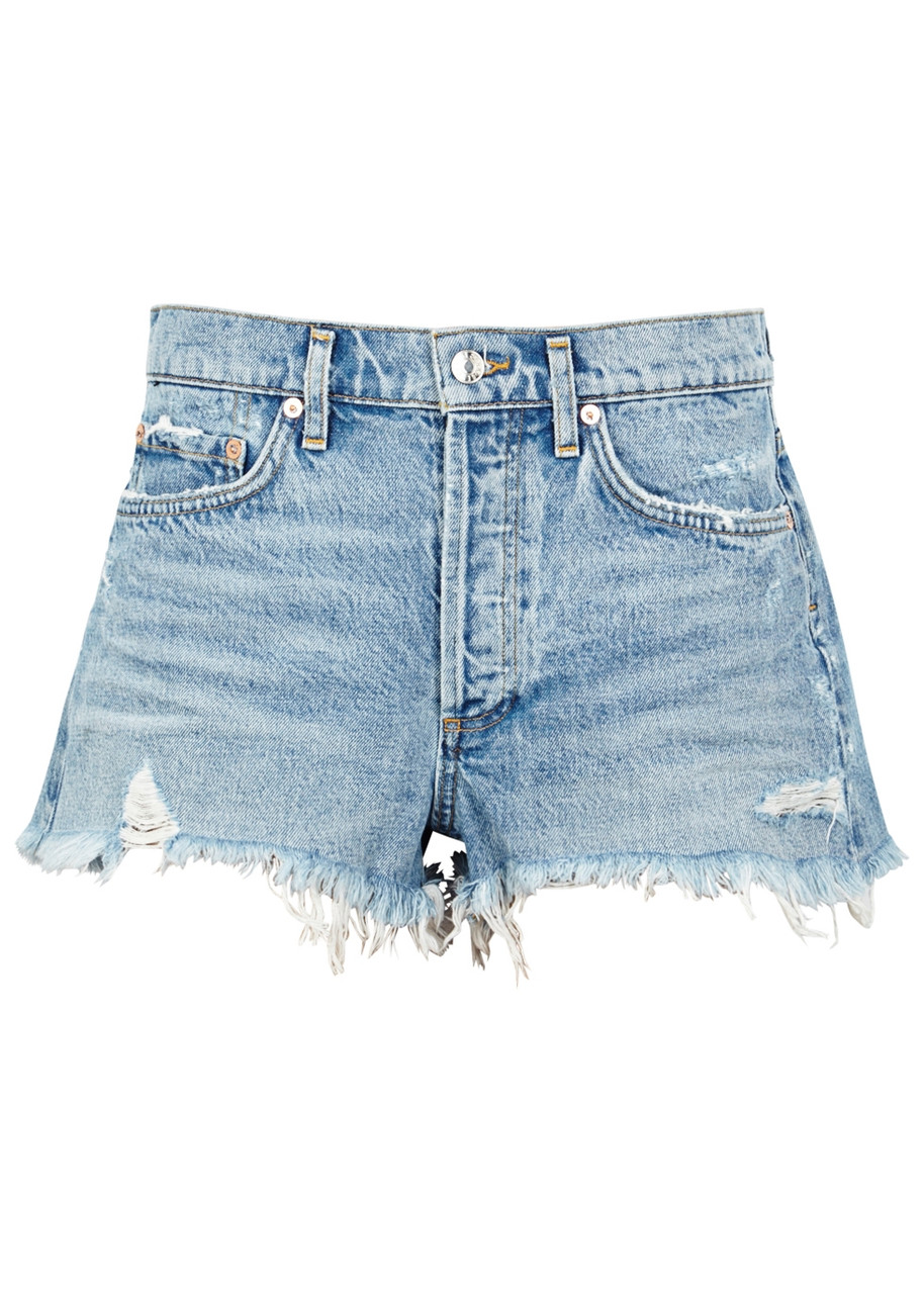 Men's Ripped Denim Shorts – Distressed Hole Jean Shorts, Dark Blue, Slim Fit (Tag Size 30)