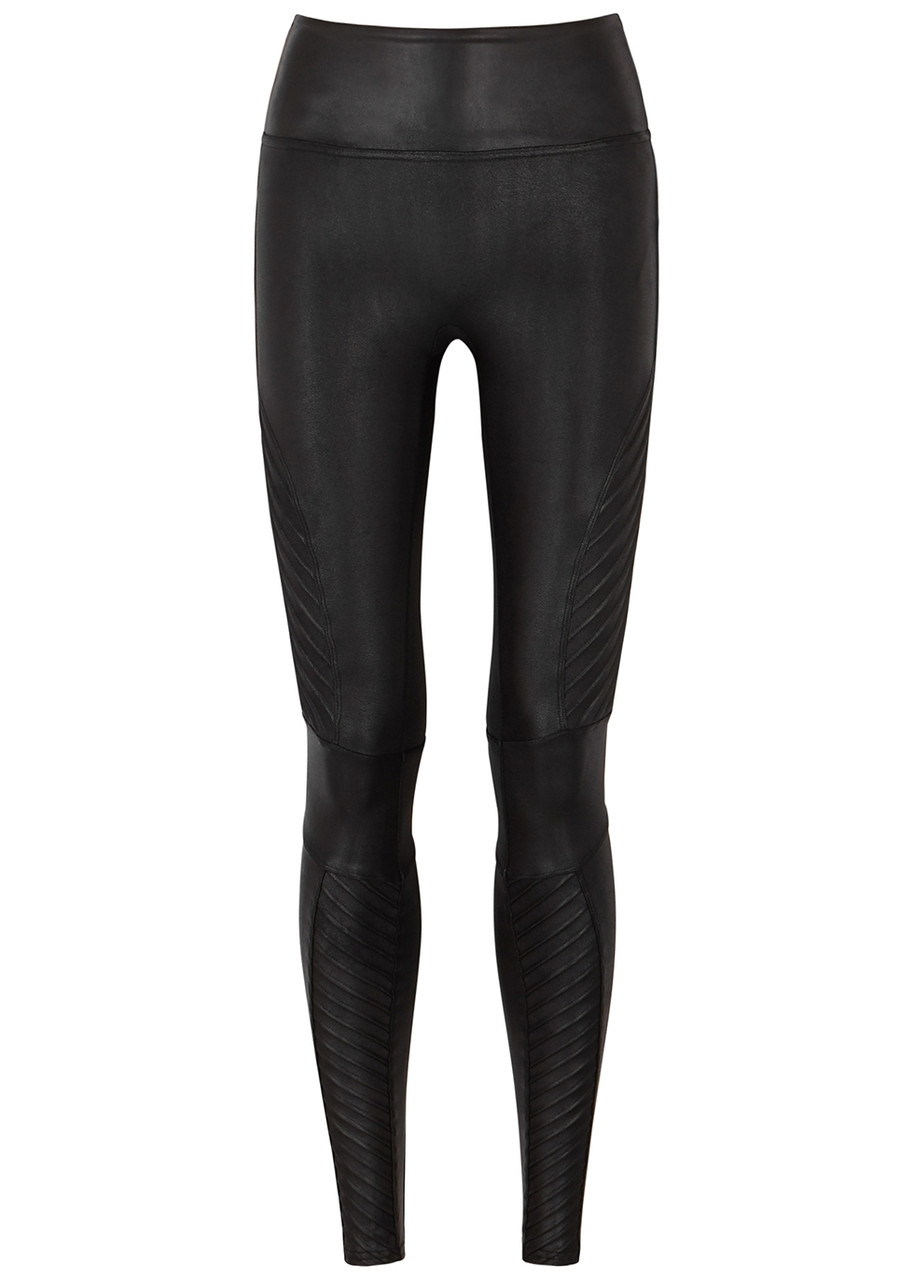 SPANX Women's Tuxedo-Stripe Faux-Leather Leggings Black XS