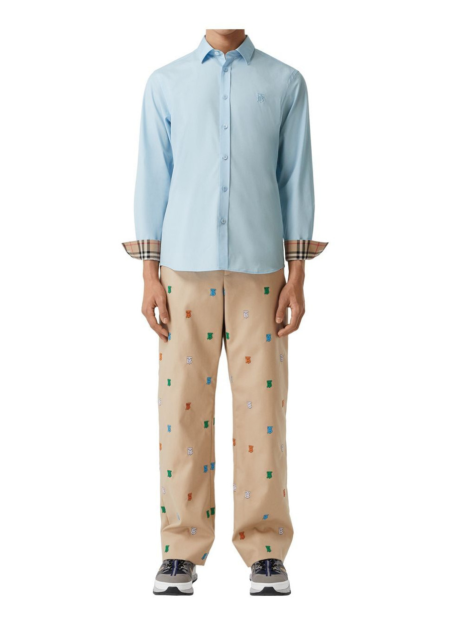 Monogram Motif Cotton Slim Fit Shirt in Pale Blue - Men