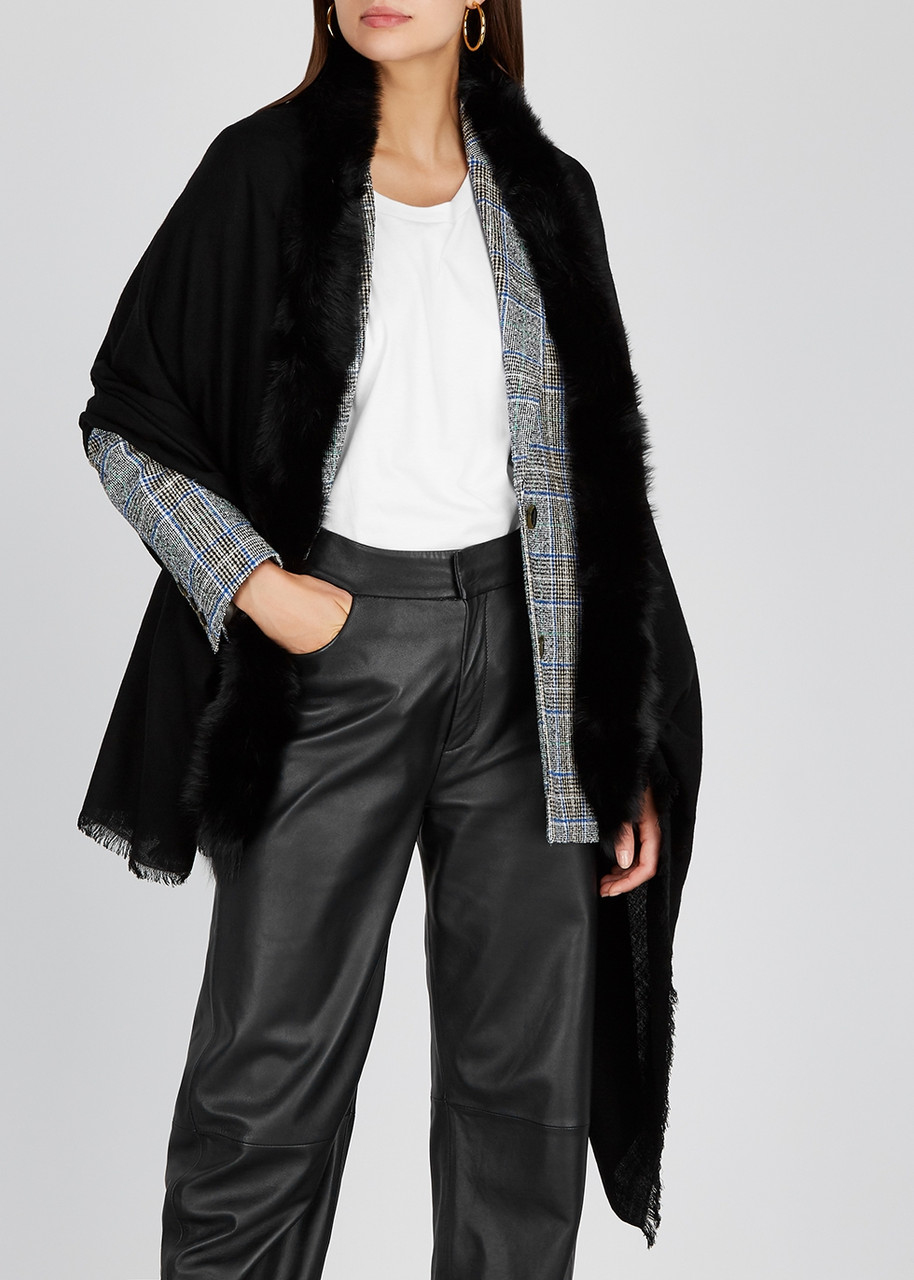 AMA PURE Black fur-trimmed wool scarf | Harvey Nichols
