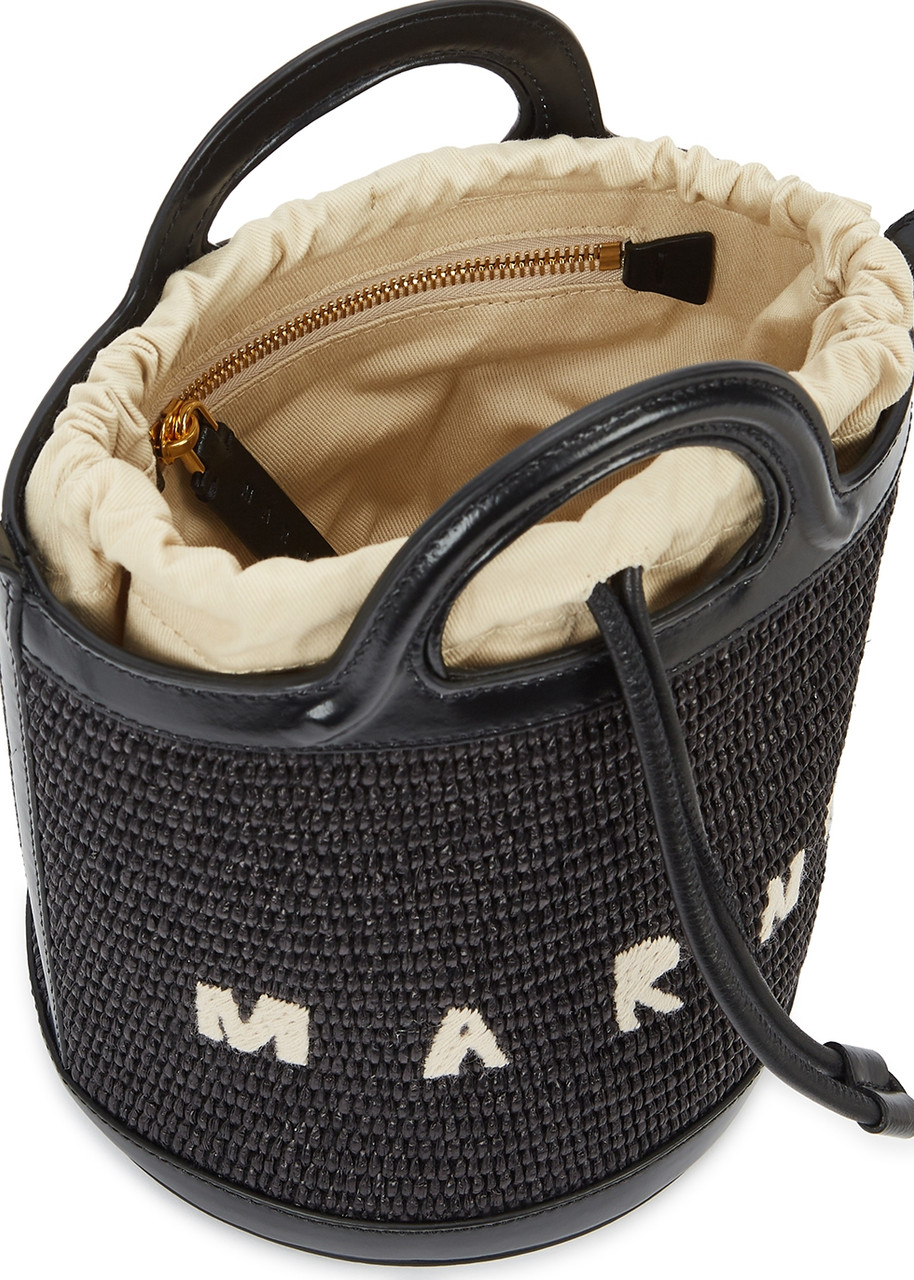MARNI Tropicalia mini leather and raffia bucket bag | Harvey Nichols