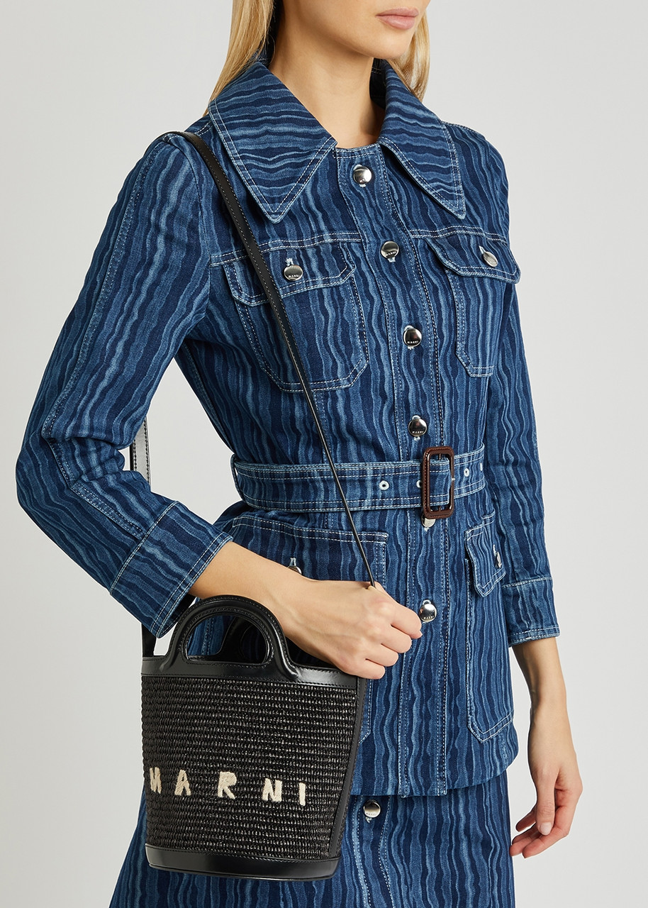 MARNI Tropicalia mini leather and raffia bucket bag | Harvey
