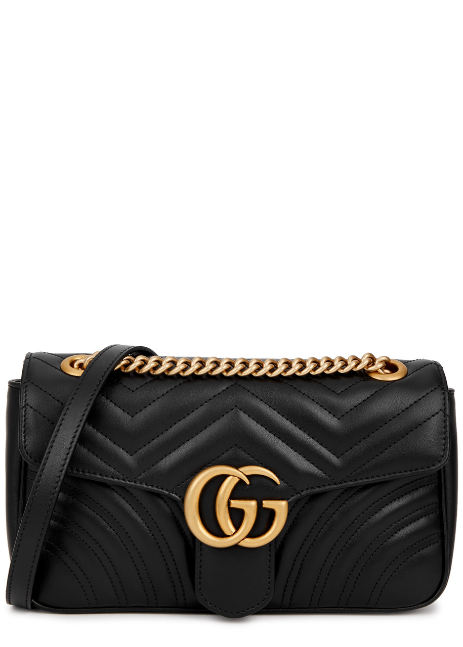 Gucci GG Marmont Mini Shoulder Bag Black Chevron Leather with Gold