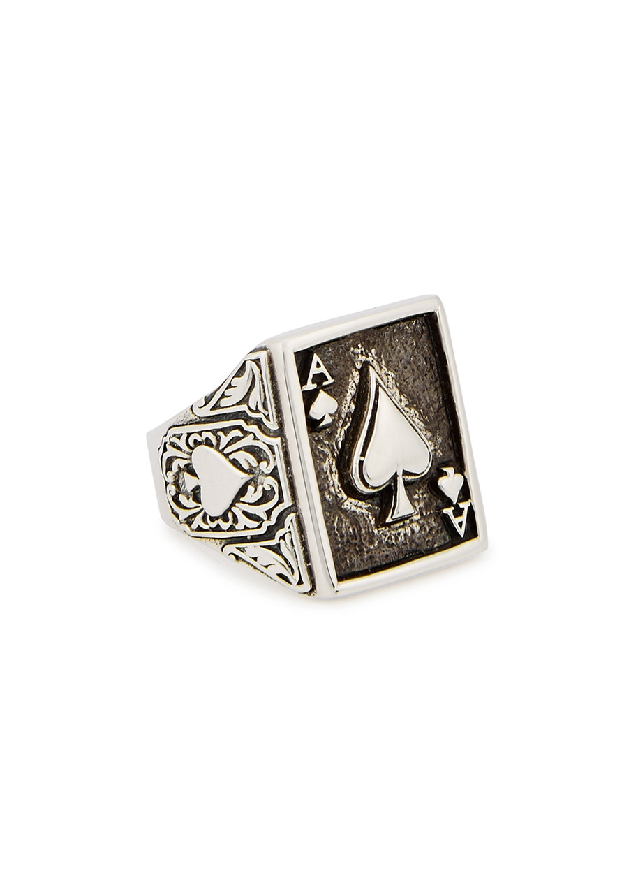 CLOCKS AND COLOURS Aces High engraved sterling silver ring 