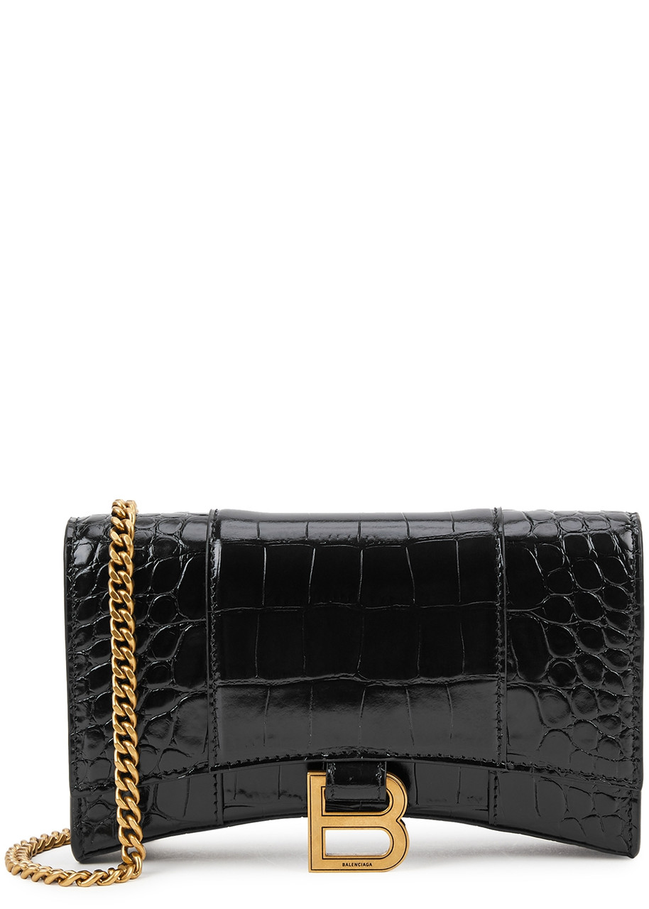 Hourglass Small Croc Effect Leather Crossbody Bag in Black - Balenciaga